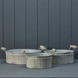 Set of Three Vintage White Ribbed Zinc Planter Bowls - White