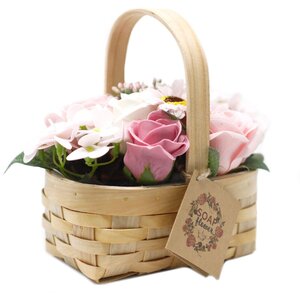 Medium Pink Bouquet in Wicker Basket Flowers Foliage Gift - Pink
