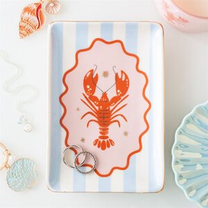 Pastel Lobster Trinket Dish Coastal Blue Stripes Fun Decor - Red