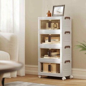 4 Tier Storage Cabinet with Wheels Magnetic Door, White - White