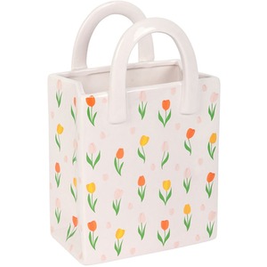 Tulip Print Ceramic Bag-Shaped Flower Vase - White - Image 2