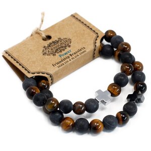 Set of 2 Power Gemstone Friendship Bracelets - Tiger Eye  Black Stone - Black